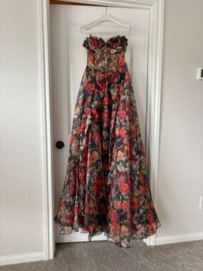 Strapless Floral Ball Gown - Red & Black